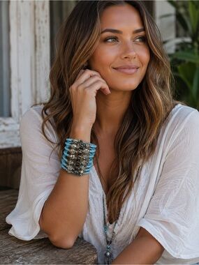 Turquoise Beaded Multi-Row Ciff Bracelet with silver accents